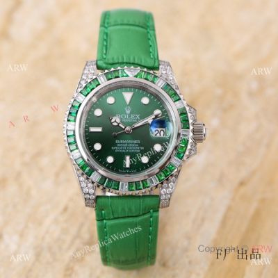 Swiss Quality Imitation Rolex Submariner Citizen 8215 Watch Green Leather Strap